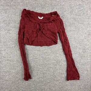 Y2K POP Cardigan Sweater Womens Small Red Crochet Open Knit Shrug Sleeve Boho